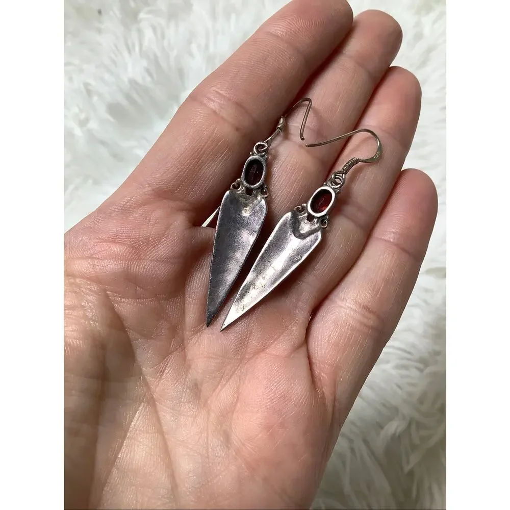 Vintage 925 Sterling Silver Amethyst Feather Dangle Earrings Southwestern E20-21